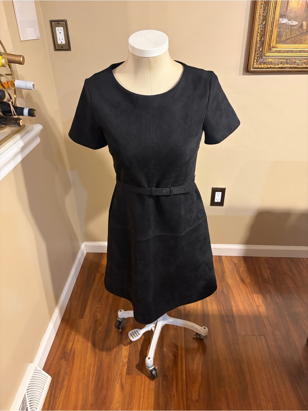 Classic Black Short-Sleeve Belted Dress faux suede